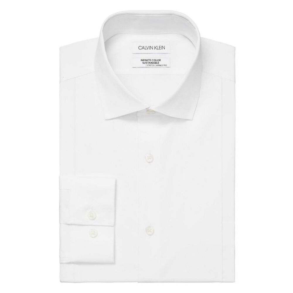Calvin Klein Mens Solid Button Down Dress Shirt, White, 14-14.5 Neck, DM